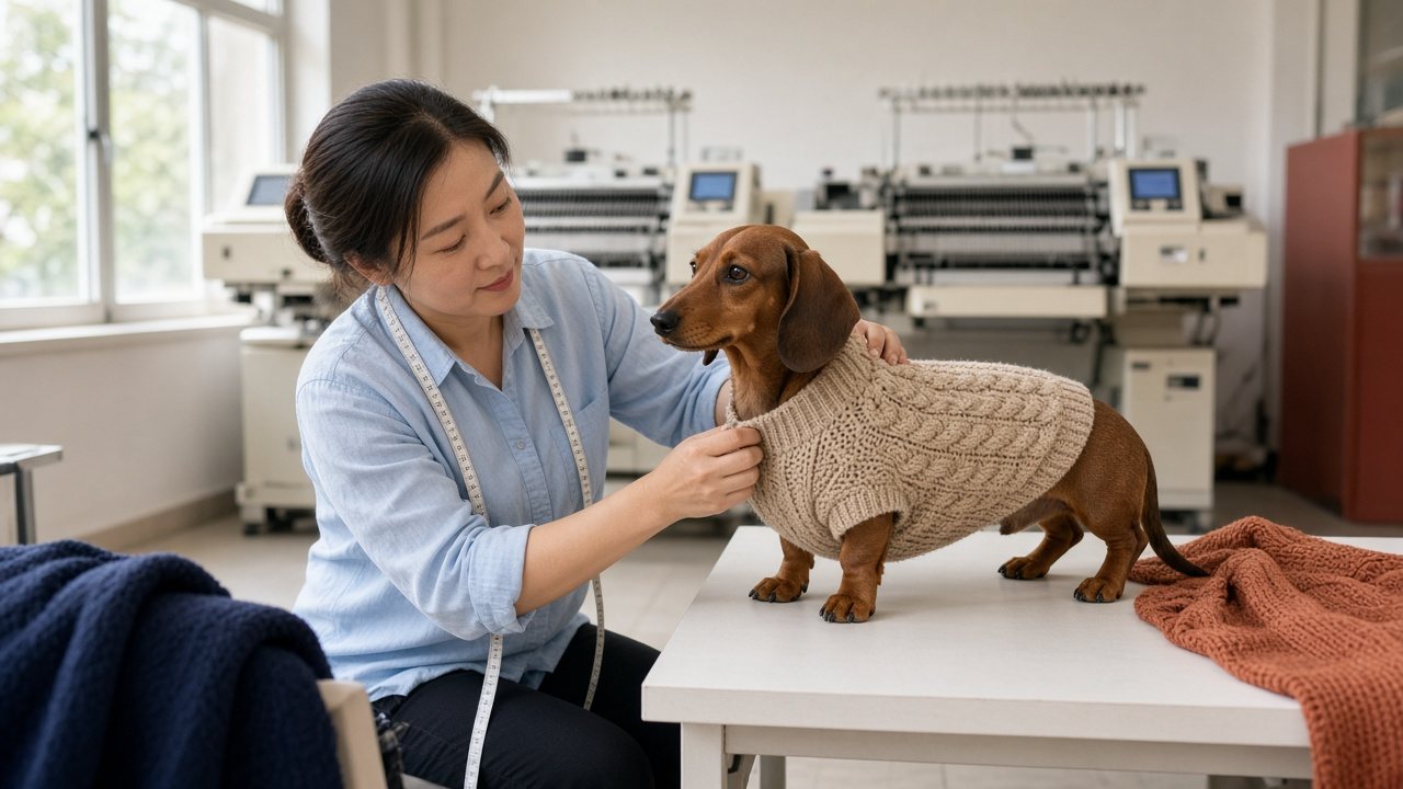 Sampling room: fitting a sweater on a dachshund