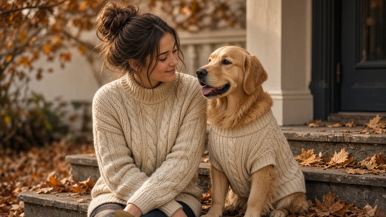 Owner and dog in matching sweaters